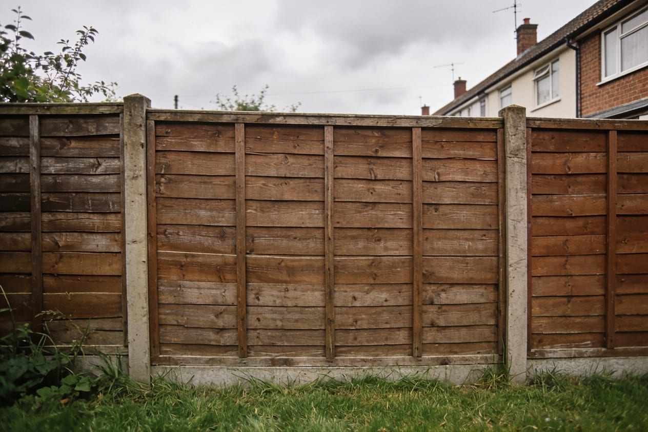 The same fence with a new straight panel and the grass trimmed
