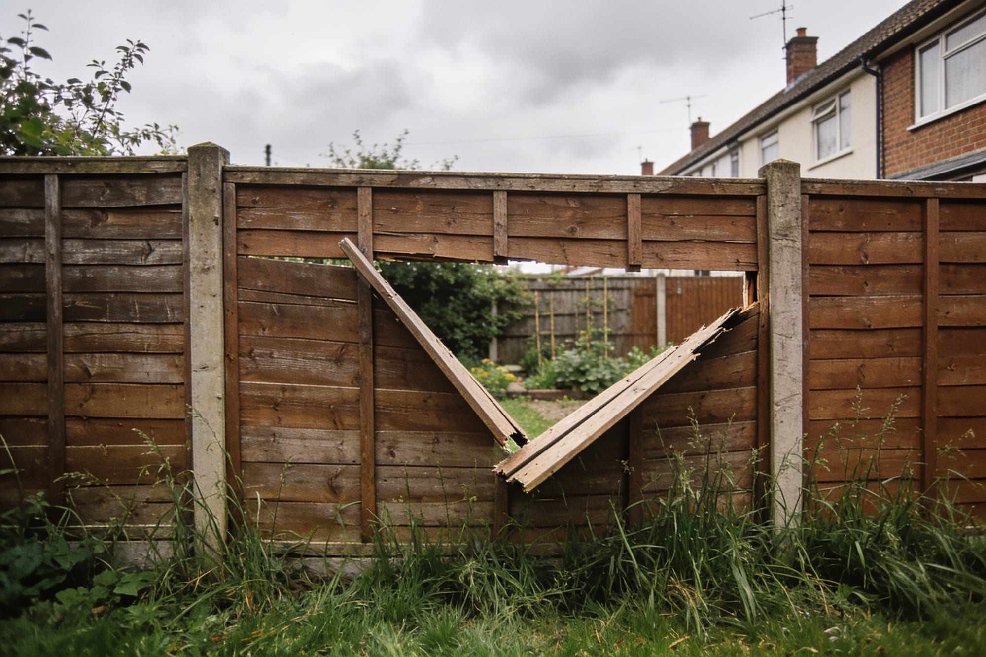 A broken fence panel leaning into the garden with snapped slats and long grass