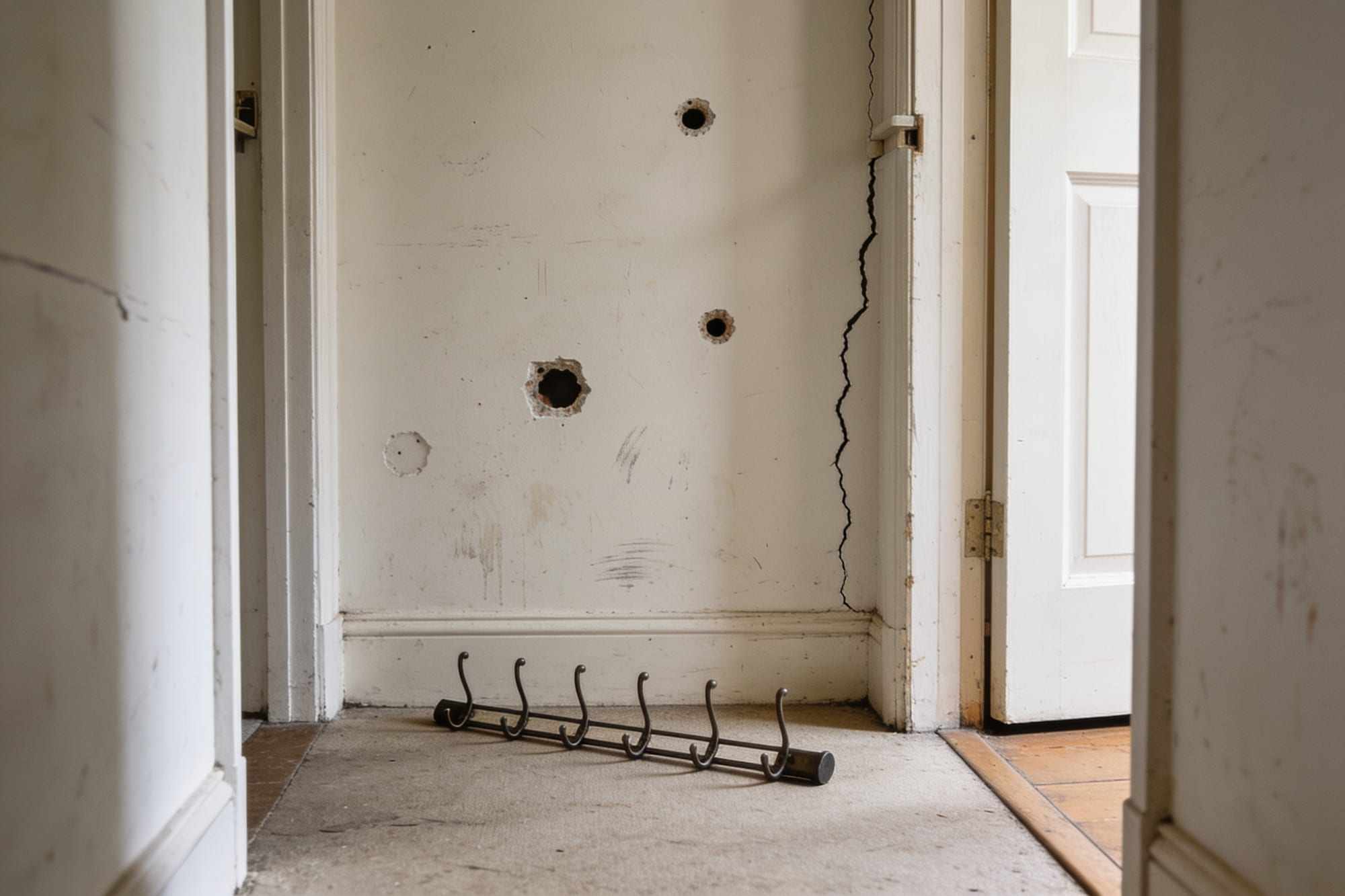 A hallway wall with holes from pulled-out plugs, a crack and a coat rail lying on the floor