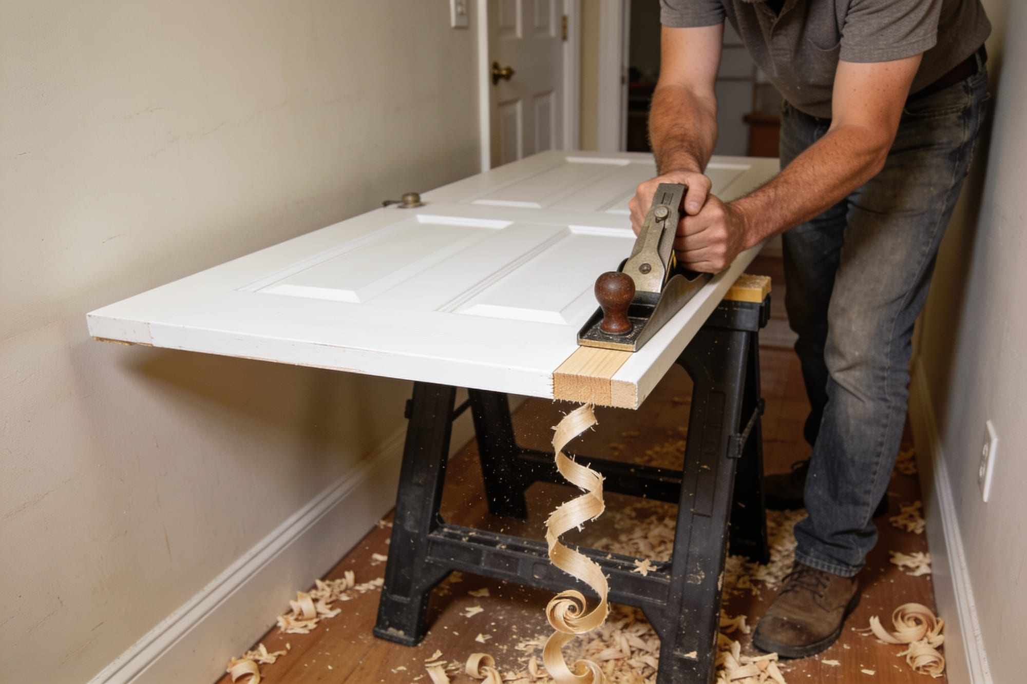 A handyman planing the bottom of a white door held in a portable workbench