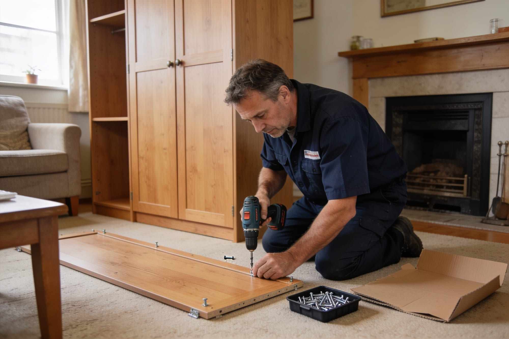 A handyman kneeling on a living room floor assembling a wooden wardrobe with an electric screwdriver
