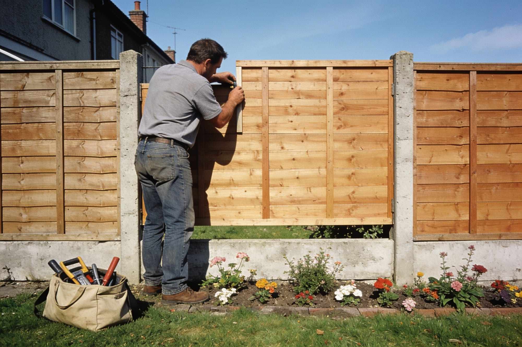 A handyman fitting a new fence panel between concrete posts in a garden