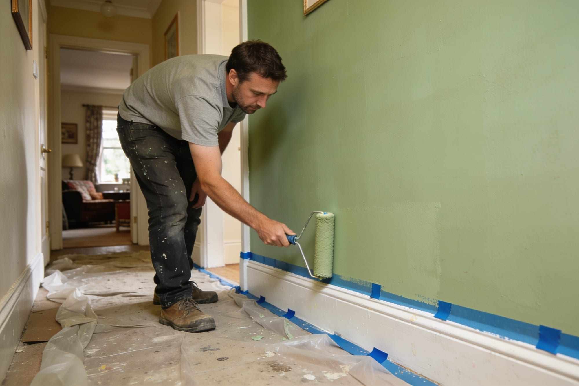 A handyman painting a hallway wall sage green with a roller, the skirting taped with blue tape