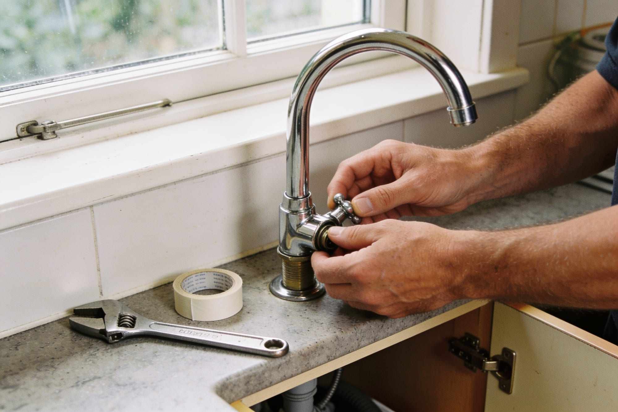 Hands fitting a new chrome mixer tap at a kitchen sink with a spanner