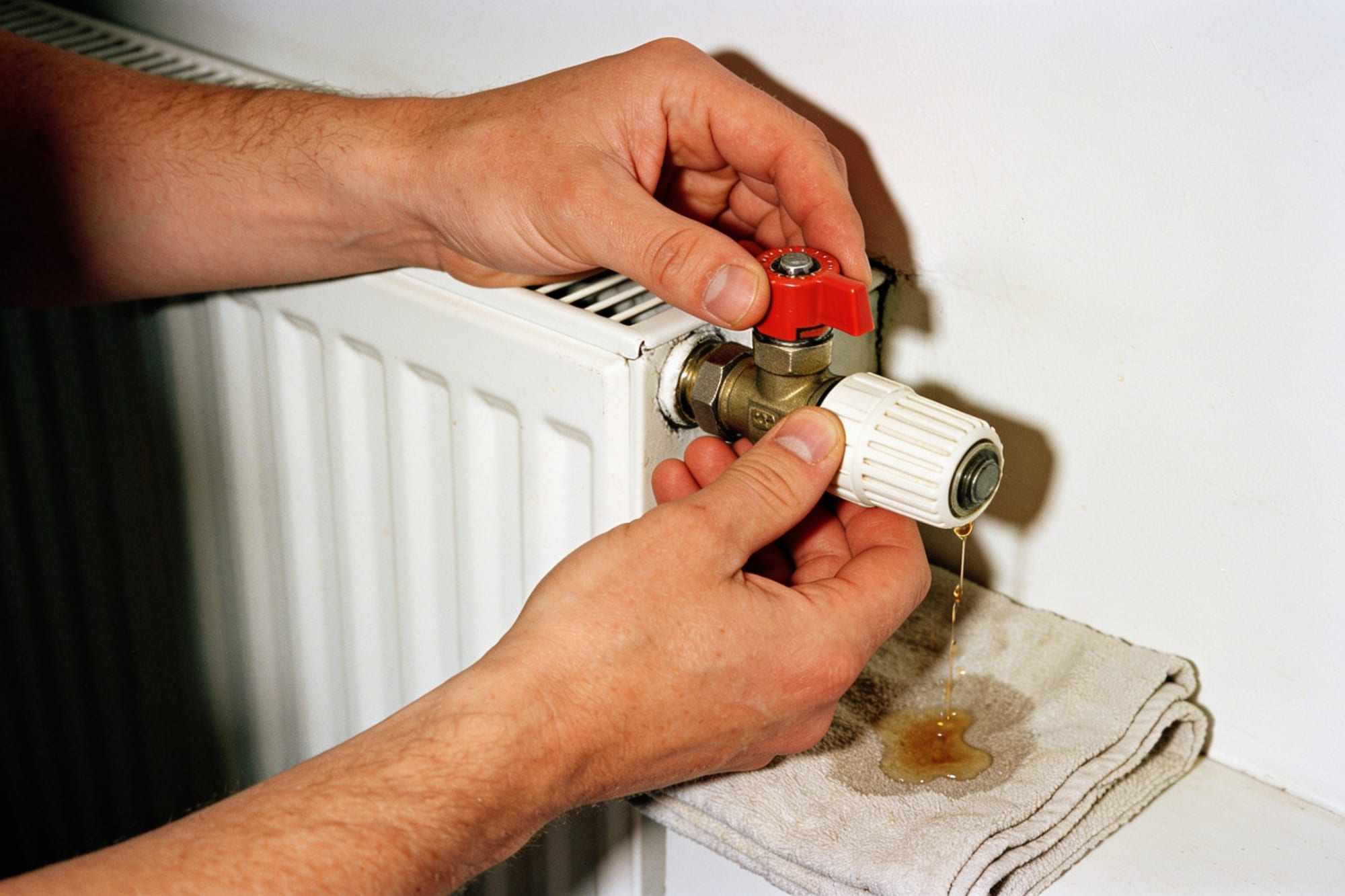 Hands holding a radiator key in the bleed valve with a cloth underneath