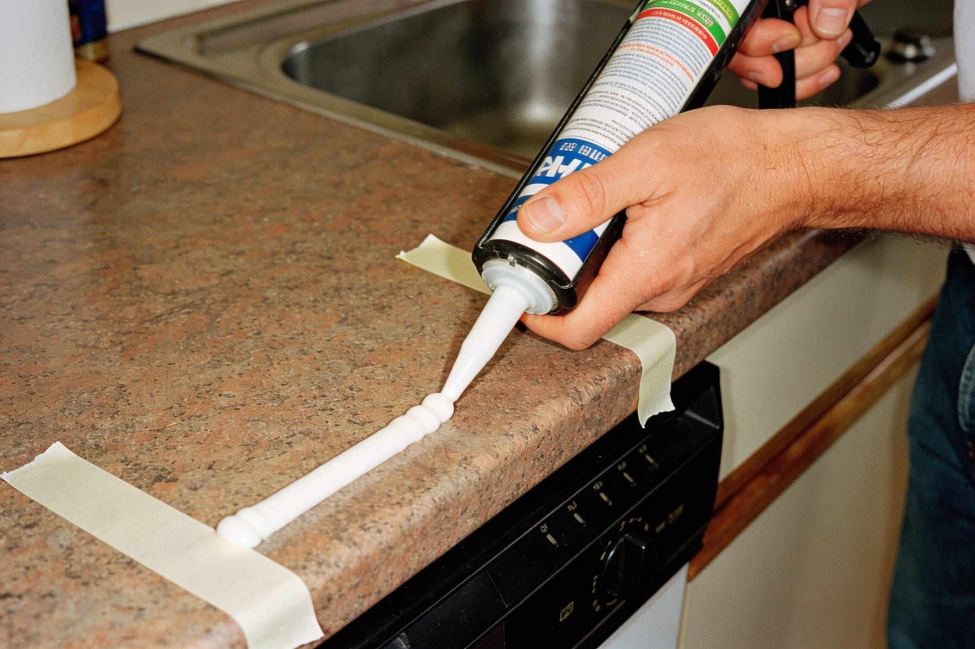 Hands running a smooth bead of silicone along a worktop between strips of masking tape