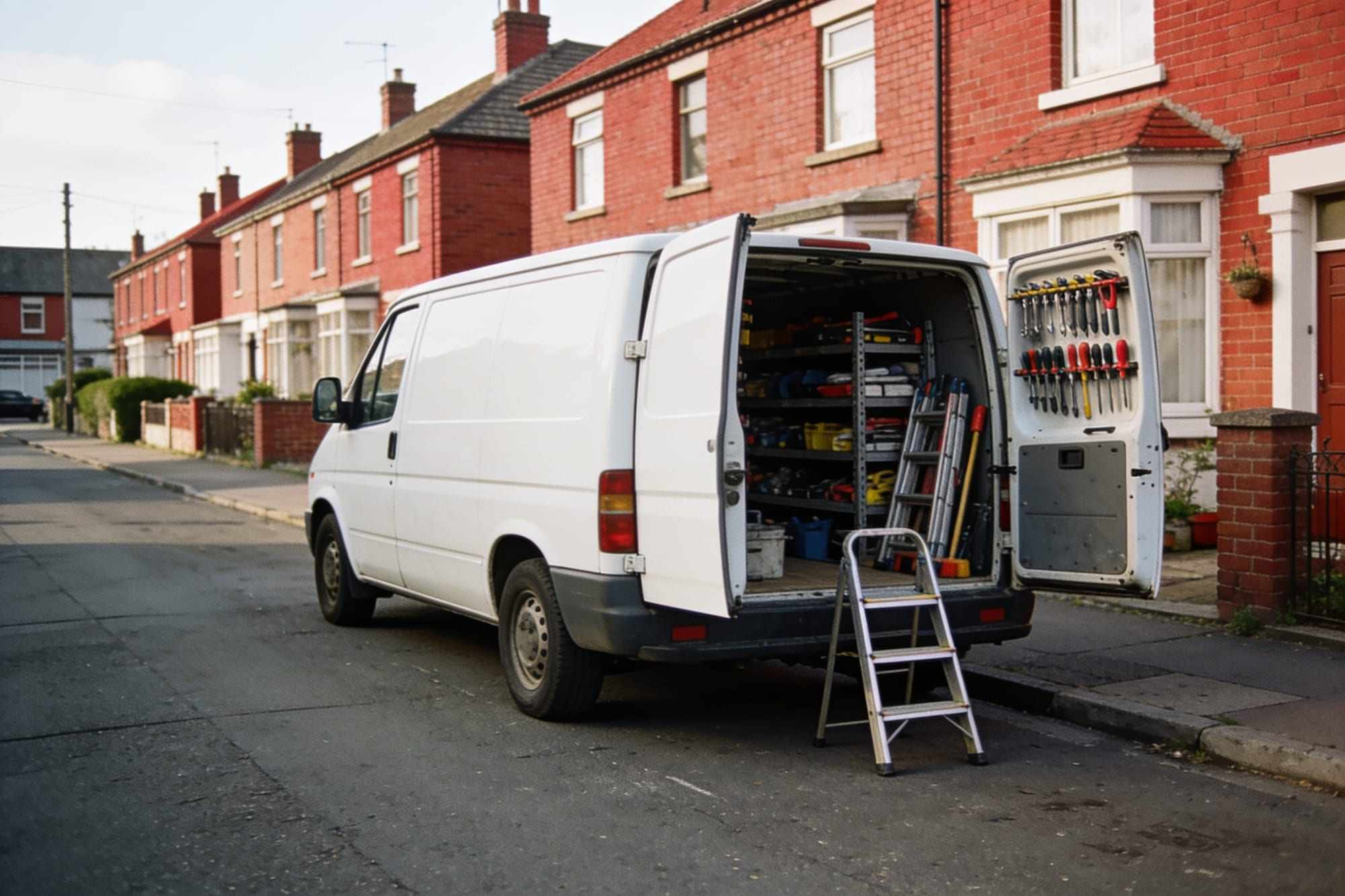 A white van parked on a terraced street with its back doors open, tools neatly racked inside
